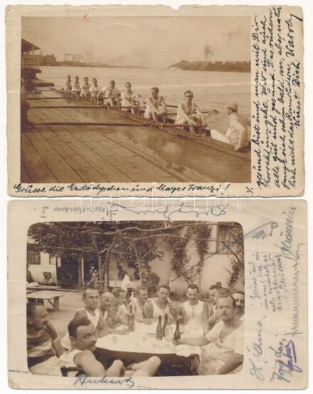 1915 2 db eredeti fotófelvétel Jesze Károly MFTR felügyelőtől a szibériai hadifogolytáborból. A fotókon a magyar nyolcas evezőcsapat edzés és ebéd közben / 2 original photo postcards from Karl Jesze from the Siberian POW (prisoner of