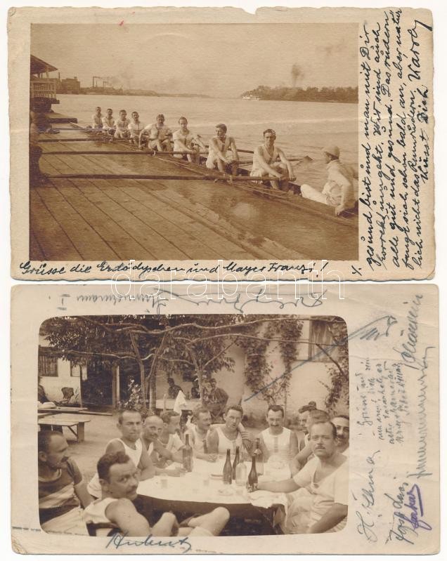 1915 2 db eredeti fotófelvétel Jesze Károly MFTR felügyelőtől a szibériai hadifogolytáborból. A fotókon a magyar nyolcas evezőcsapat edzés és ebéd közben / 2 original photo postcards from Karl Jesze from the Siberian POW (prisoner of