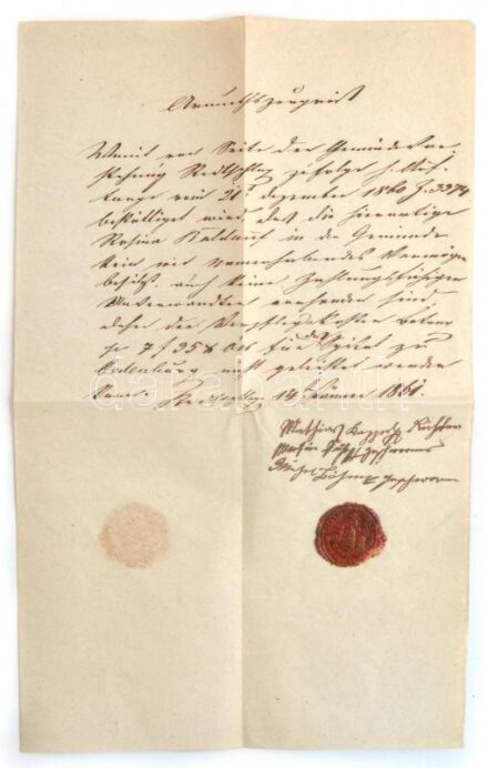 1861 Újvörösvágás/Redlschlag (ma: Borostyánkő/Bernstein része, Burgenland), német nyelvű szegénységi bizonyítvány helyi lakos részére, a falusi bíró és két esküdt aláírásával, a település viaszpecsétjével / 1861