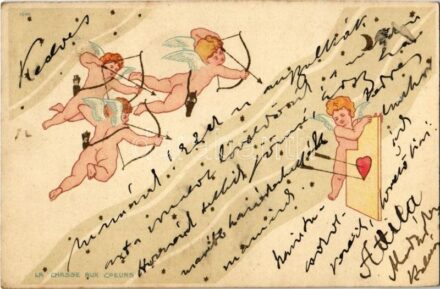 1900 La Chasse Aux Coeurs 1046. / Art Nouveau puttos. litho, unsigned Raphael Kirchner