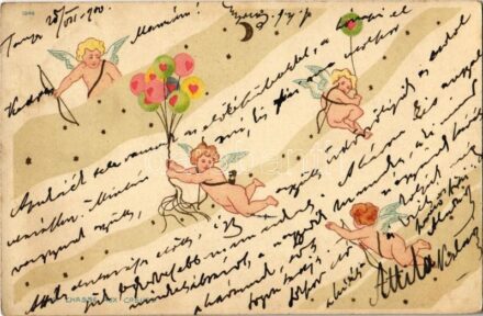 1900 La Chasse Aux Coeurs 1048. / Art Nouveau puttos. litho, unsigned Raphael Kirchner