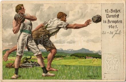1905 12. Bayer. Turnfest in Kempten / 12th Bavarian Gymnastics Festival, shot put. Offizielle Festpostkarte litho s: Ernst Platz