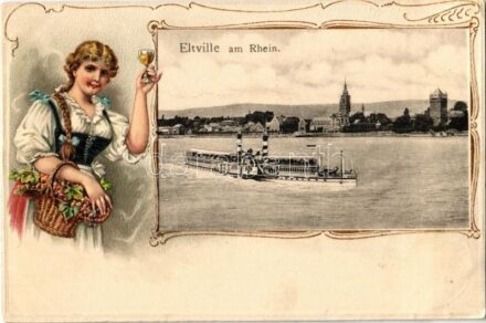 1908 Eltville am Rhein. Dampfer / steamship. Lady, folklore Emb. litho