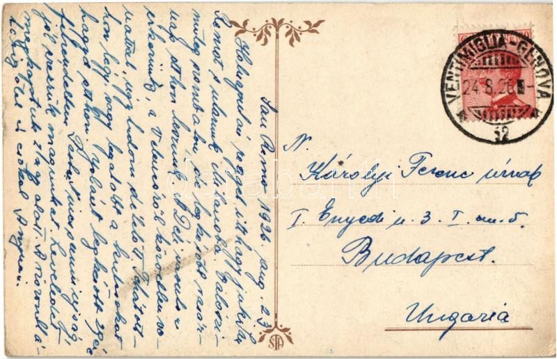 1926 Sanremo, Via Vittorio Emanuele e Corso Umberto, Cafe Europeen, Farmacia Calvi, Maison / street, cafe, pharmacy, shop, tram (EK) - Image 2