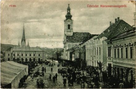 Máramarossziget, Sighetu Marmatiei; Fő tér, templom, piac. Kaufmann Ábrahám és fiai kiadása / main square, church, market vendors (EK)