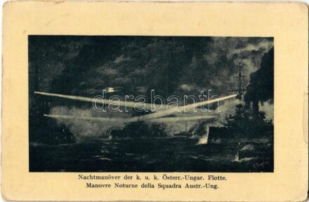 Nachtmanöver der K.u.K. Österr.-Ungar. Flotte. K.u.K. Kriegsmarine / Manovre Notturne della Squadra Austr.-Ung. / Austro-Hungarian Navy, night maneuver with pre-dreadnought battleship and torpedo boat. G. Fano, Pola 1910-11. 196. 5992. s: Kappler