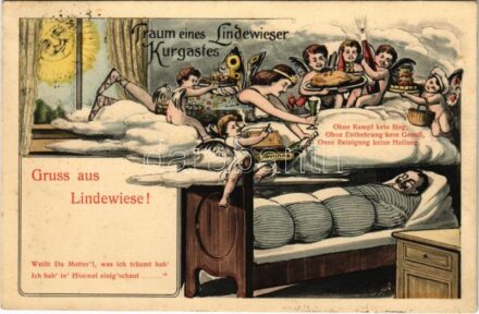 1914 Gruss aus Lindewiese! Traum eines Lindewieser Kurgastes / Greeting from Lipová-lázne! Dream os a spa guest. Art Nouveau humour with angels