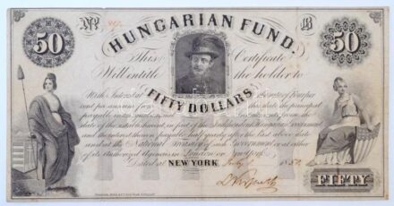 1852. 50$ 'Kossuth bankó' piros kézi '417' sorszámozással, Kossuth Lajos saját kezű aláírásával, 'B' sorozat T:III széleken apró beszakadások Hungary 1852. 50 Dollar with handwritten red '417' serial and with original signature of