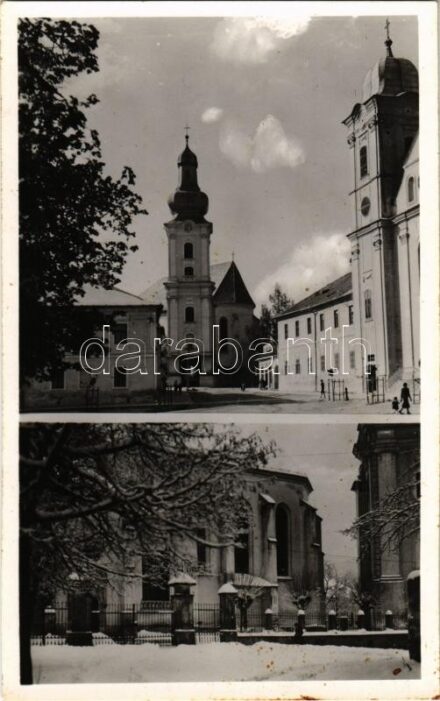 Rozsnyó, Roznava; Középen a székesegyház tornya. Épült a XVIII. században. Jobbkézfelől a Szent Ferenc rendi templom a XVIII. századból. Székesegyház, gótika a XIV. század első tizedéből / Cathedral's tower, Franciscan church,
