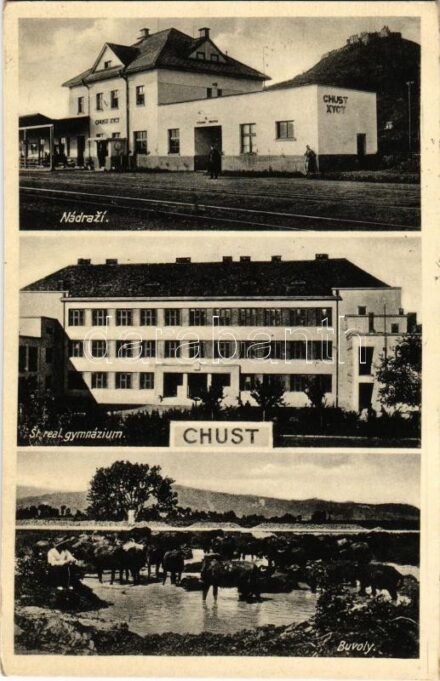 1939 Huszt, Chust, Khust; Nádrazí, St. real. gymnázium, Buvoly / vasútállomás, reálgimnázium, bivalyok. Bogatyrev kiadása / railway station, high scool, buffaloes + kétnyelvű bélyegző / bilingual cancellation