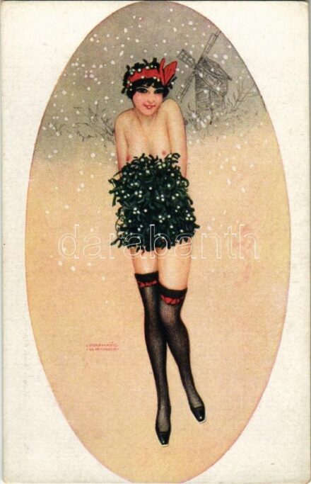 Le Manchon de Gui. Gently erotic art postcard. Marque L-E. Paris 16. s: Raphael Kirchner