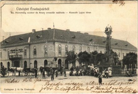 1903 Érsekújvár, Nové Zámky; Szentháromság szobor, Arany oroszlán szálloda, Kossuth Lajos tér. Conlegner J. és fia kiadása / Trinity statue, hotel, square