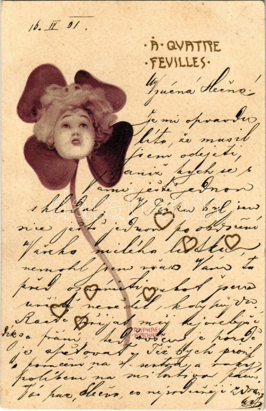 1901 A Quattre Feuilles / Four-Leaf Clover. Art Nouveau lady. litho s: Raphael Kirchner