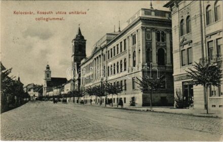 Kolozsvár, Cluj; Kossuth utca, unitárius kollégium, Kövendy Károly üzlete. Rigó Árpád kiadása / street, boarding school, shop (Rb)