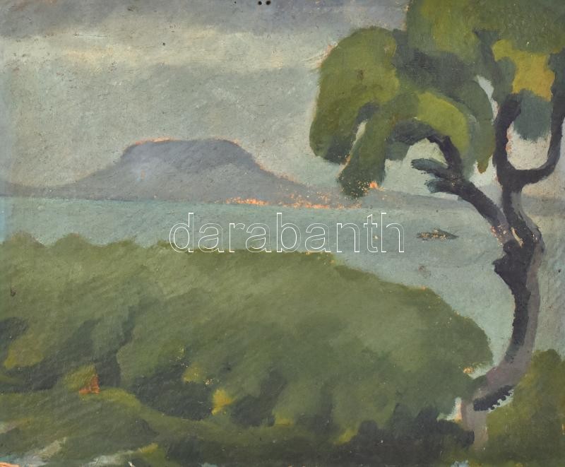 Jelzés nélkül: Balaton, háttérben a Badacsony. Olaj, karton, 27x33 cm
