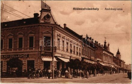 1927 Hódmezővásárhely, Andrássy utca, Vendéglő a Kék Csillaghoz, étterem, Anhalzer és Társa üzlete. Vasúti levelezőlapárusítás 695