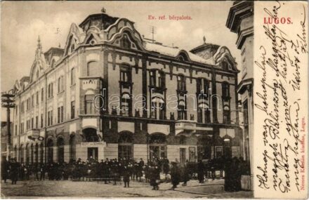 1907 Lugos, Lugoj; Református bérpalota, recht és Schwarz üzlete / Calvinist palace, shop