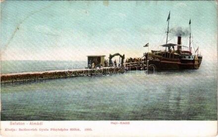 Balatonalmádi, Hajókikötő, Baross gőzös, gőzhajó. Balázsovich Gyula fényképész kiadása (fl)