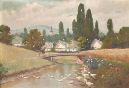 Kovács jelzéssel: Libapásztorlány. Olaj, vászon. Sérült fa keretben, 50x69,5 cm