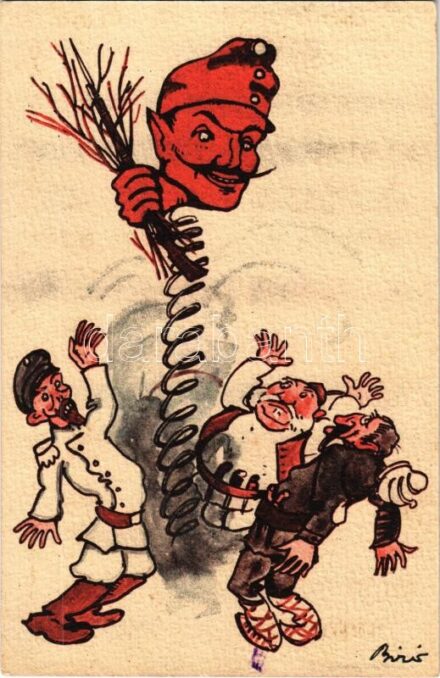 Humoros első világháborús grafikai lap. A Központi hatalmak Krampusza virgáccsal fenyegeti az Antant hatalmakat. Kiadja a Magyar Földrajzi Intézet Rt. / WWI Austro-Hungarian K.u.K. military propaganda. Central Powers Krampus threatening the