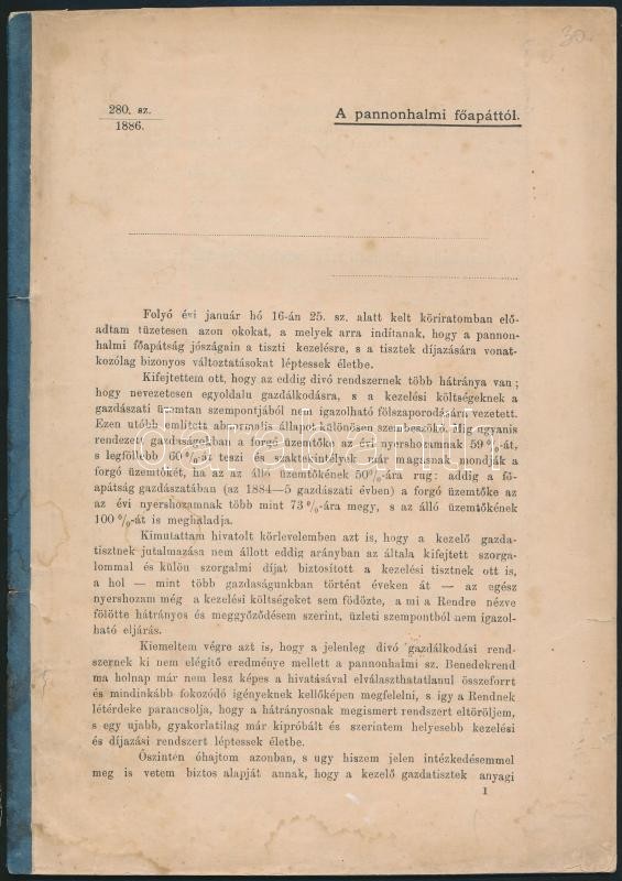 1886 A pannonhalmi főapát rendelete. Az apátság gazdálkodásával kapcsolatos intézkedésekről 18 p. + VI.táblázat