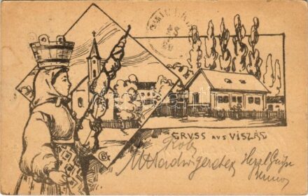 1903 Krassóviszák, Viszág, Visag; saját kézzel rajzolt művészlap, fonó lány / hand-drawn art postcard, folklore, spinning woman. Art Nouveau