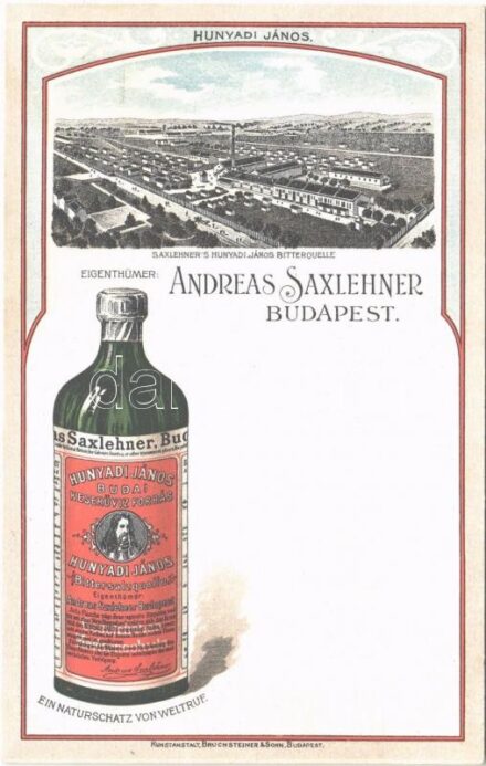 Andreas Saxlehner's Hunyadi János Bitterquelle Budapest / Saxlehner András féle Hunyadi János Budai keserűvíz forrás reklámlapja / Hungarian mineral water factory advertising card. Kunstanstalt Bruchsteiner & Sohn. Art Nouveau, litho