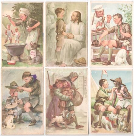 10 db RÉGI használatlan Cserkész Levelezőlapok Kiadóhivatal cserkész motívumlap, Márton L. szignóval / 10 pre-1945 unused Hungarian scout art postcards, signed by Márton L.