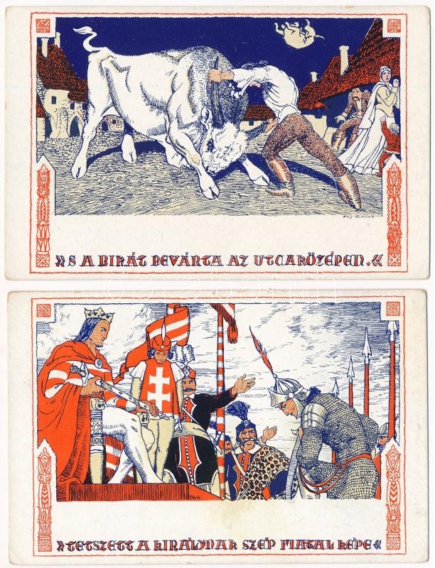 Fáy Aladár iparrajziskolai tanár rajzsorozata Arany János 'Toldi'-jához - 5 db régi művészlap a sorozatból / Illustrations for 'Toldi' signed by Fáy Aladár - 5 pre-1945 art postcards from the series - Image 2