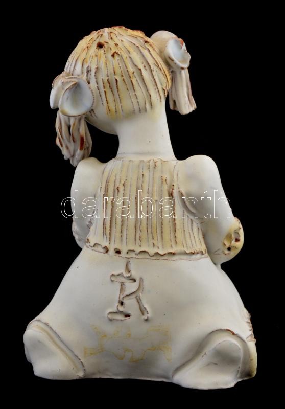 Kovács Éva (1938-2017): Lányka. Kézzel festett mázas kerámia, jelzett, lepattanásokkal, foltos, m: 17 cm - Image 3