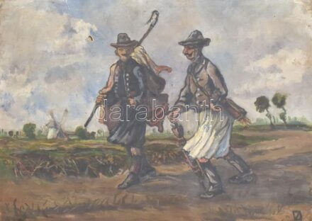 Jelzés nélkül: Betyárok. Vászon (sérült), olaj, sérült fa keretben, 64,5x90 cm