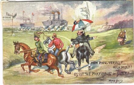 1914 Első világháborús gúnyos németellenes katonai propaganda lap, antanthatalmak / Mon dieu, Verlasst mich nicht! Es ist 'ne Pickelhaub' in Sicht! / Do not leave me! There is a Pickelhaube in sight! WWI Anti-German military propganada,