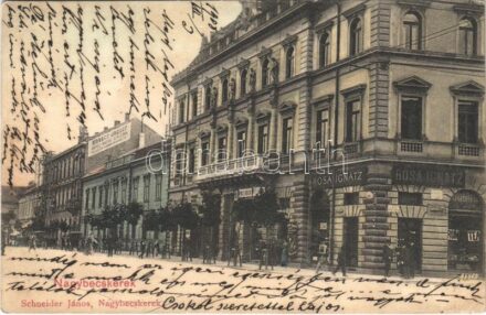 1908 Nagybecskerek, Zrenjanin, Veliki Beckerek; utca, Rósa Ignátz, Schneider János üzlete, Kovács József féle Hotel Rózsa szálloda. Schneider János saját kiadása / street view, hotel, publisher's shop (EK)