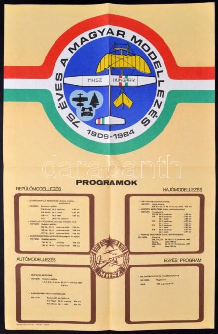 1984 75 éves a magyar modellezés 1909-1984. MHSZ plakát, hajtott, 65x42,5 cm