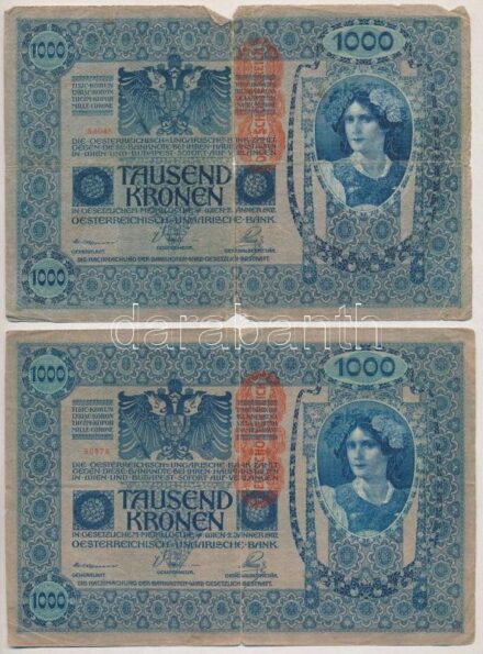 1902. 1000K piros 'Deutschösterreich' felülbélyegzéssel, mindkét oldala német T:III,III- nagyobb szakadások Adamo SK35/1