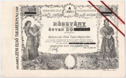 Debrecen 1947. 'Debreczeni Első Takarékpénztár' részvénye tíz részvénye egyben, összesen 500Ft-ról, eredetileg Pengő névértékű részvény Forint pénzrendszerre felülnyomva, szelvényekkel, szárazpecséttel, két párhuzamos