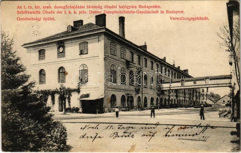 1907 Budapest III. Óbuda, Az I. cs. kir. szab. Dunagőzhajózási Társaság hajógyára, gondnoksági épület / Schiffswerfte der I. k. k. priv. Donau Dampfschiffahrts-Gesellschaft, Verwaltungsgebäude