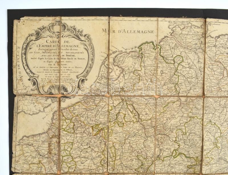 1791 Carte de L'Empire d'Allemagne / A német birodalom térképe. Hubert Jaillot. Rézmetsztetű térkép, megviselt állapotban, kartonra kasírozva. / Map of the German Empire. Engraving. Damaged. 90x56 cm - Image 2