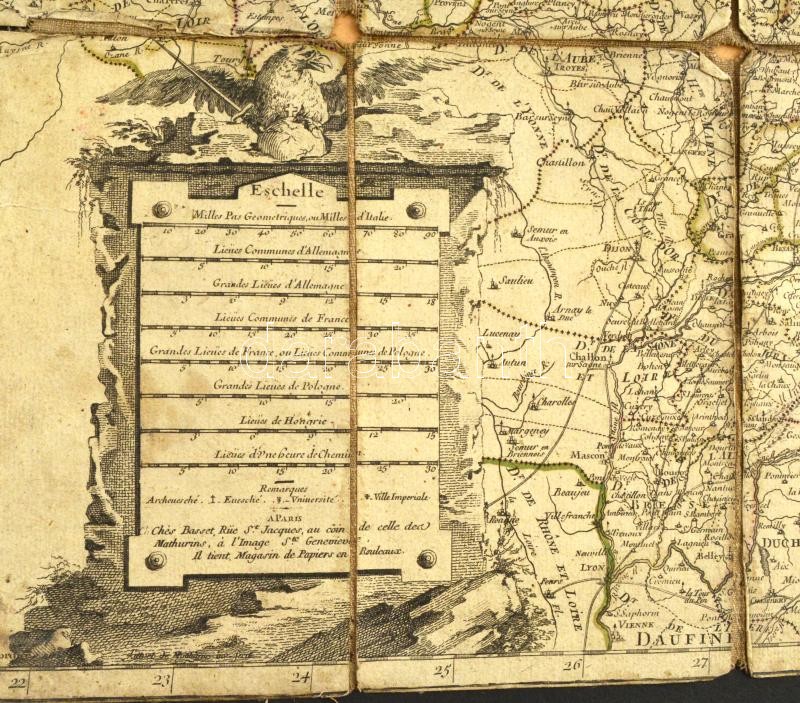 1791 Carte de L'Empire d'Allemagne / A német birodalom térképe. Hubert Jaillot. Rézmetsztetű térkép, megviselt állapotban, kartonra kasírozva. / Map of the German Empire. Engraving. Damaged. 90x56 cm - Image 3