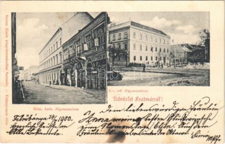 1900 Szatmárnémeti, Szatmár, Satu Mare; Római katolikus és református főgimnázium, Spitz S. és Társa és Deutsch M. üzlete. Reizer János kiadása / Roman Catholic and Calvinist grammar schools, shops