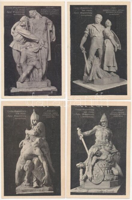 Budapest V. Szabadság tér, Trianon szoborcsoport, irredenta - 4 db régi lap Észak, Dél, Kelet, Nyugat szobraival. A Pesti Hírlap kiadása / 4 pre-1945 postcards Hungarian irredenta statues