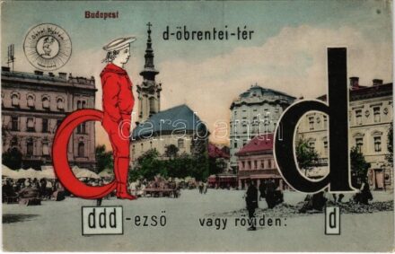 Budapest I. Döbrentei tér, piac, villamos, bor és sörcsarnok, fodrász üzlete. 'DDD-ezső vagy röviden D' Gabel System ABC montázslap