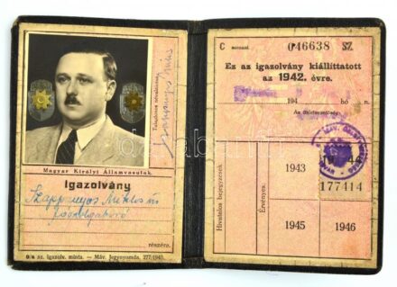 1942 Magyar Királyi Államvasutak által kiállított fényképes igazolvány főszolgabíró részére