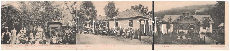 Tiszaborkút, Kvaszi, Kvasy; Rosenthál féle fürdőtelep és nyaraló, só és vasas fürdő, Port-Artur villa. Három részes kinyitható panorámalap / spa. 3-tiled folding panoramacard (hajtásnál szakadt / bent til broken, torn)