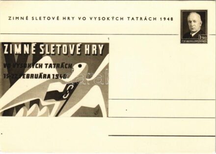 1948 Tátra, Magas Tátra, Vysoké Tatry; Zimné Sletové Hry vo Vysokych Tatrách / Les Jeux d'Hiver dans les Hautes Tatras / Téli sportjátékok a Magas Tátrában reklámlap / winter sport games at the High Tatras advertising card