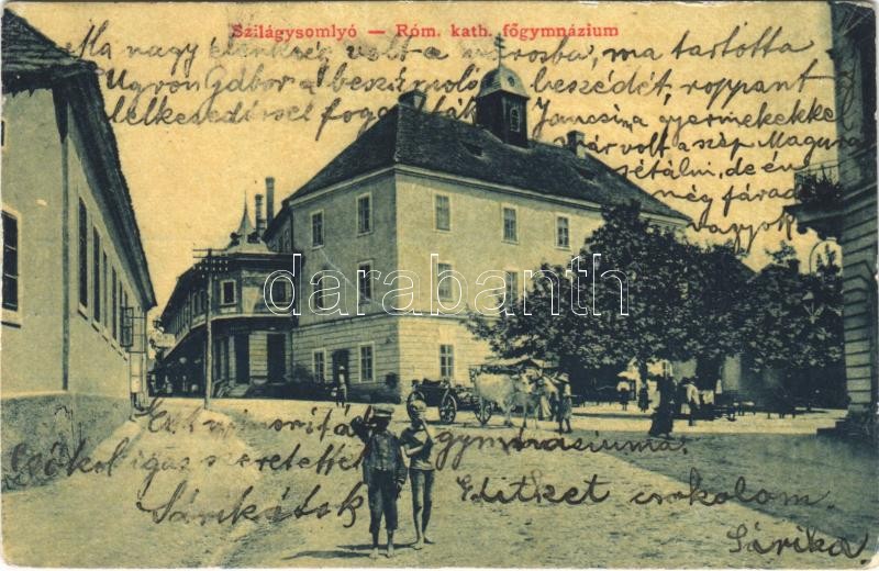 1910 Szilágysomlyó, Simleu Silvaniei; Római katolikus főgimnázium, Vass Antal üzlete. W.L. (?) Veres Károly kiadása 2309. / grammar school, shop (EK)