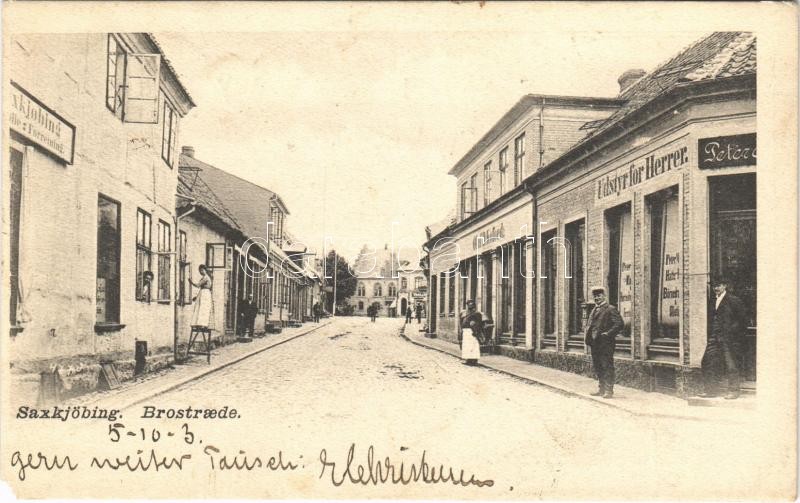 1903 Sakskobing, Saxkjöbing; Brostraede, Udstyr for Herrer / street, shop of Oluf D. Kofoed (EM)