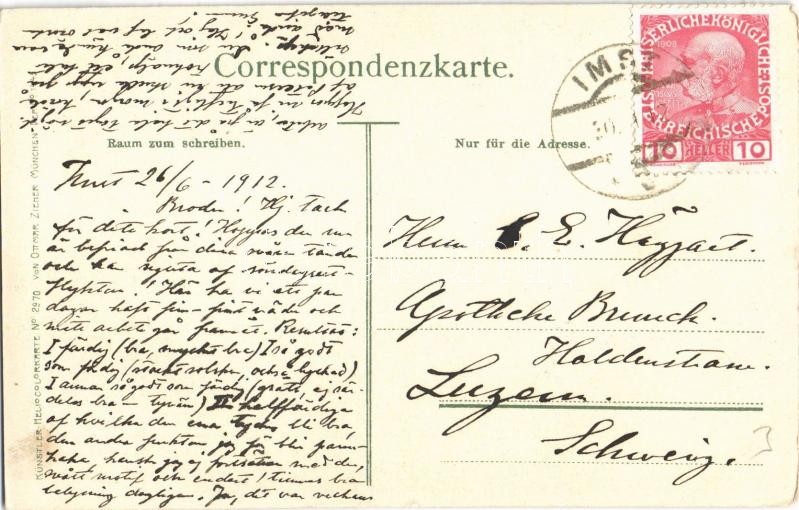 1912 Imst (Tirol), Vom Burgstall bei Arzl aus. Künstler-Heliocolorkarte No. 2970. von Ottmar Zieher s: M. Zeno Diemer - Image 2