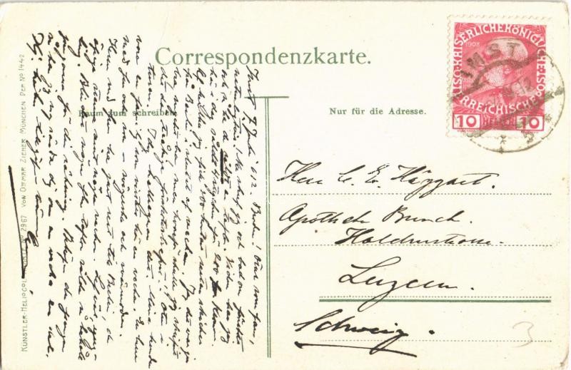 1912 Imst (Tirol), Vom Burgstall bei Arzl aus. Künstler-Heliocolorkarte No. 2967. von Ottmar Zieher s: M. Zeno Diemer (fa) - Image 2