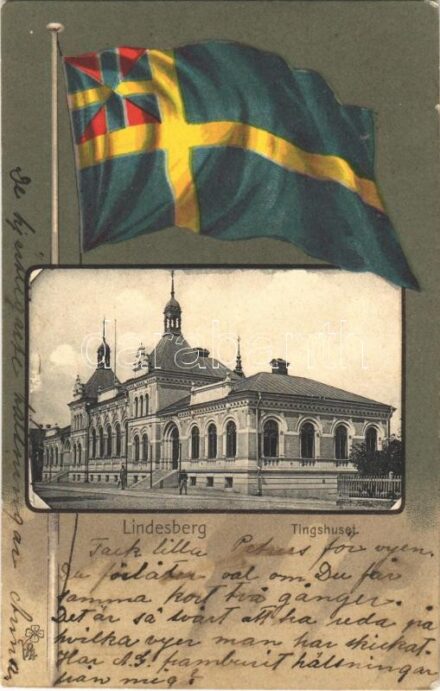 1904 Lindesberg, Tingshuset / court. Art Nouveau, Swedish flag, litho